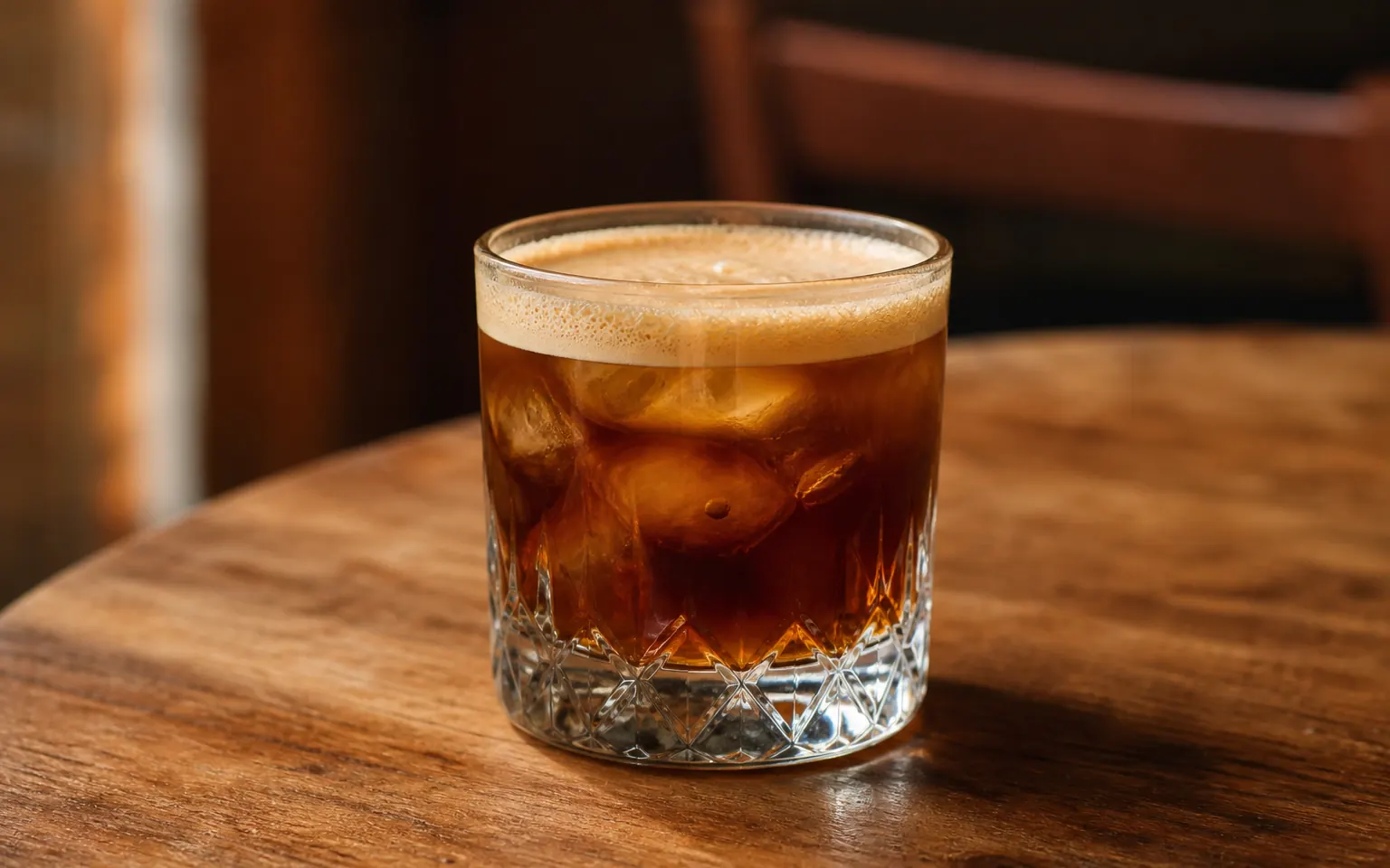 An iced Carajillo with a fine coffee foam in a rocks glass