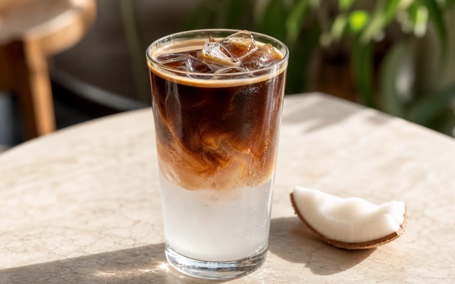 Layered dark coffee and clear coconut water over ice
