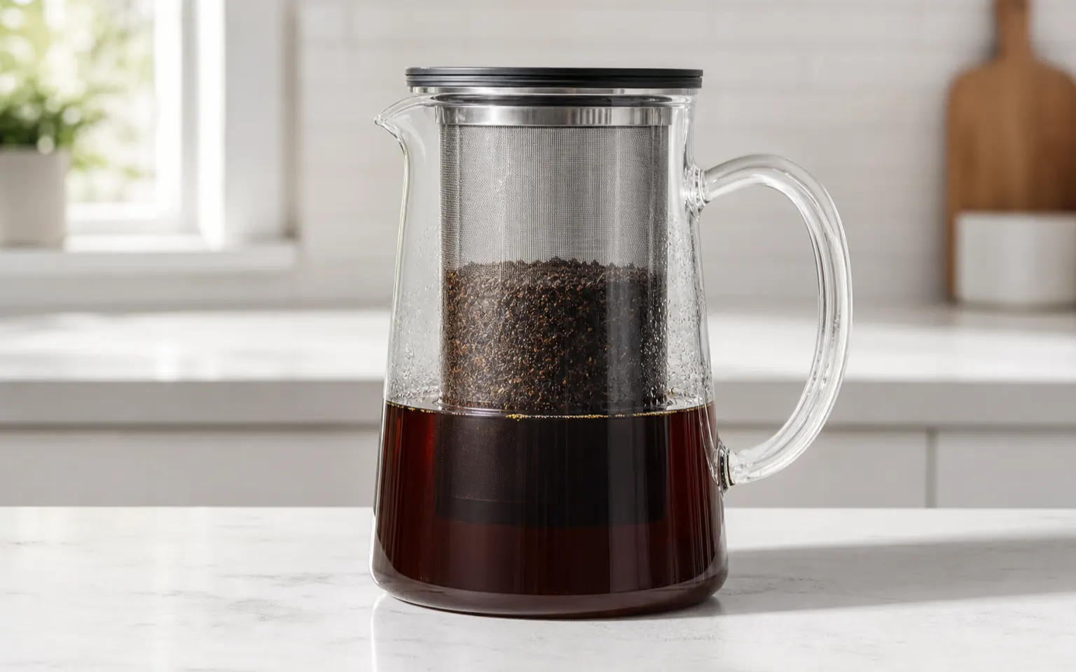 A glass cold-brew pitcher with a removable coffee filter