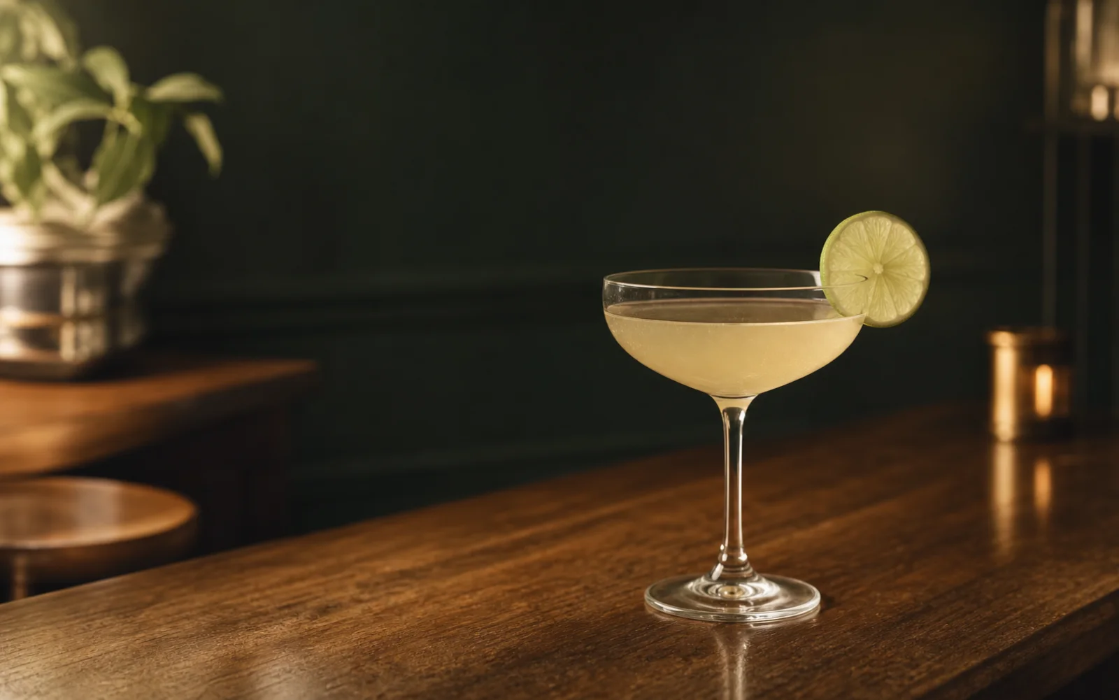 A pale-gold classic Daiquiri with a lime wheel against a dark background