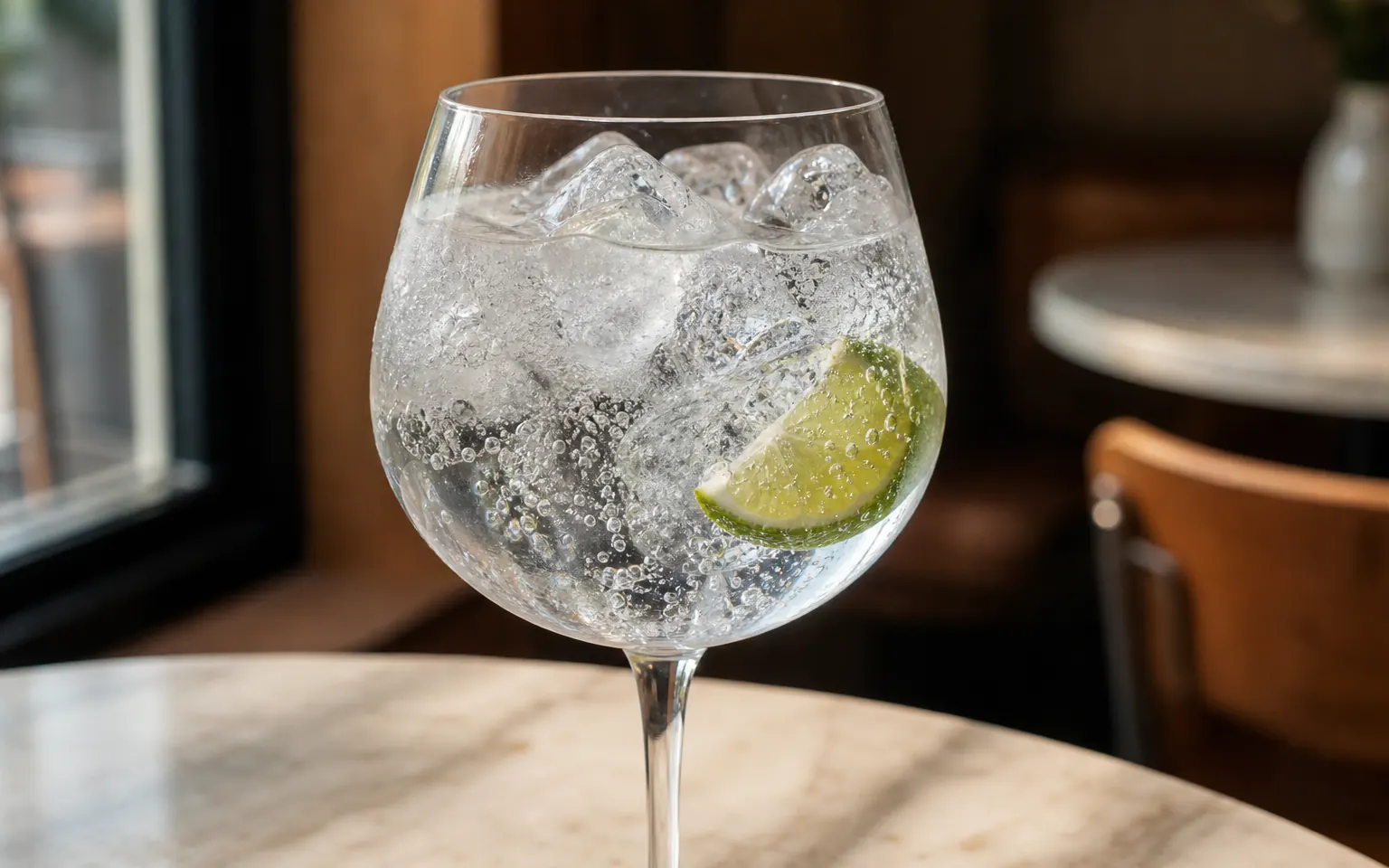 A clear Gin and Tonic with ice, lime, and visible bubbles