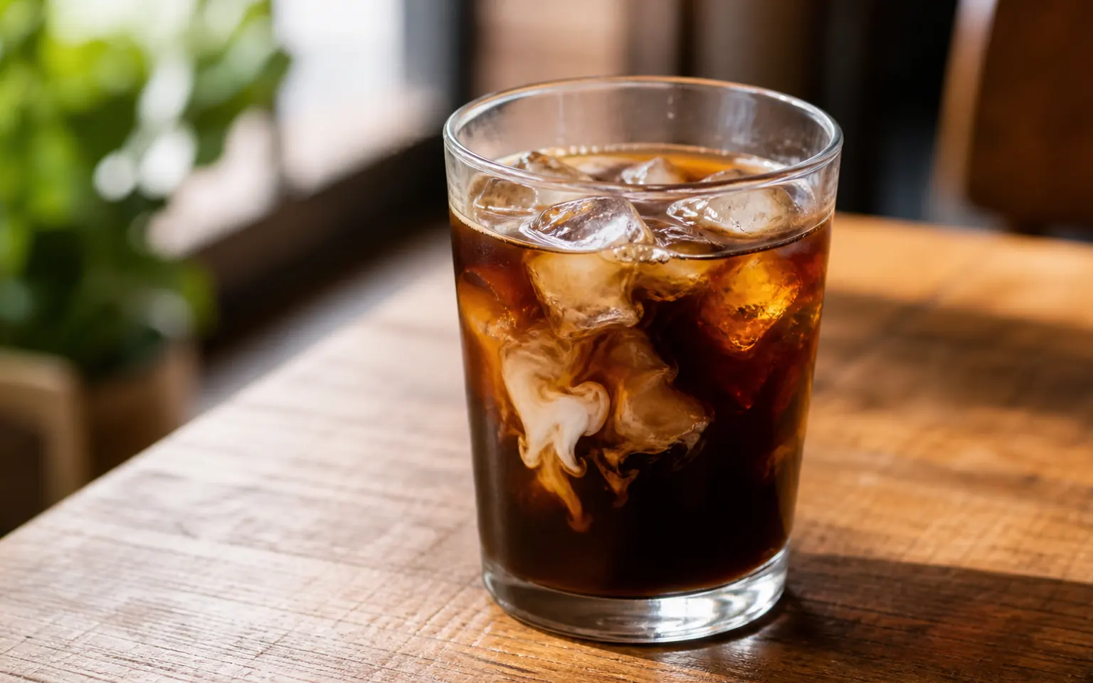 A low-sugar iced coffee with a small amount of milk swirling through it