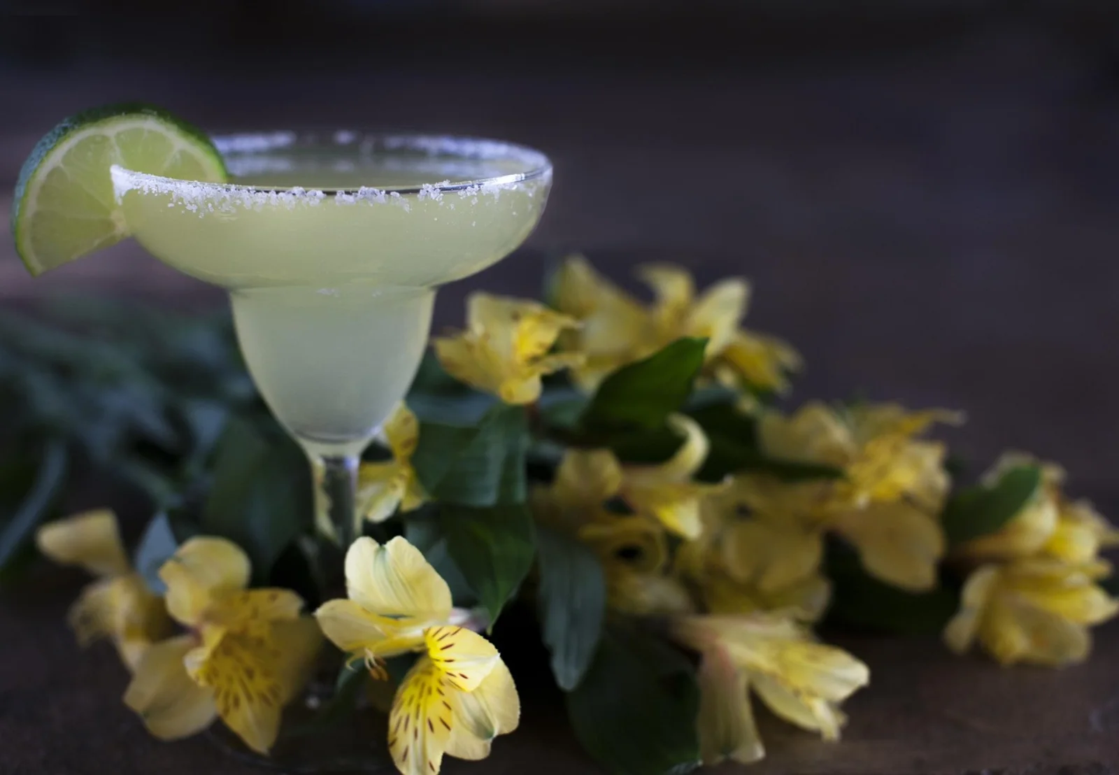 一杯浅青柠色的 Margarita，Coupe 杯一半杯沿覆有盐边并以青柠片装饰