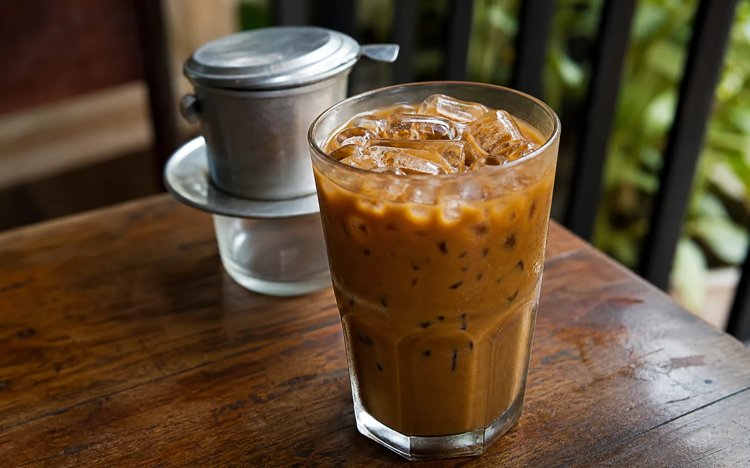 Vietnamese iced coffee beside a traditional metal phin filter